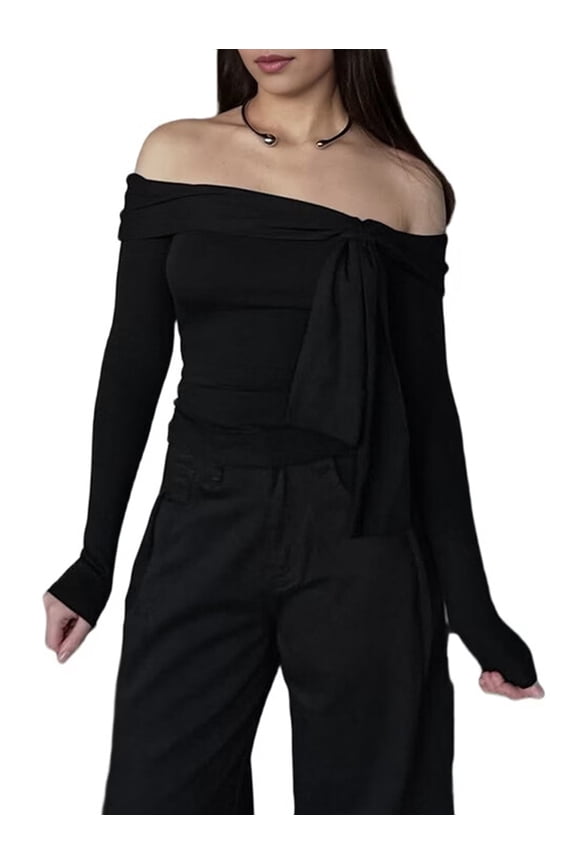 Black Off Shoulder Lace Up Long Sleeve Bodycon Streetwear Top for Versatile Fashion M