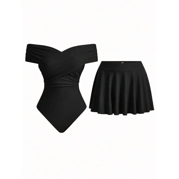 Black Off-Shoulder One-Piece Swimsuit With Skirted Bottom