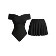 thumbnail image 1 of Black Off-Shoulder One-Piece Swimsuit With Skirted Bottom, 1 of 30