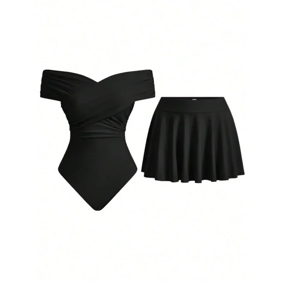 Black Off-Shoulder One-Piece Swimsuit With Skirted Bottom