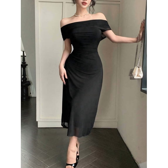Black Off-Shoulder Slim Fit Midi Dress For Women Elegant Casual Evening Cocktail Dress