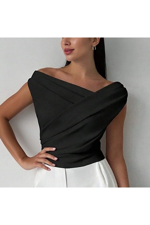 Black Off-Shoulder Wrap Top With Asymmetrical Drape And Belted Waist