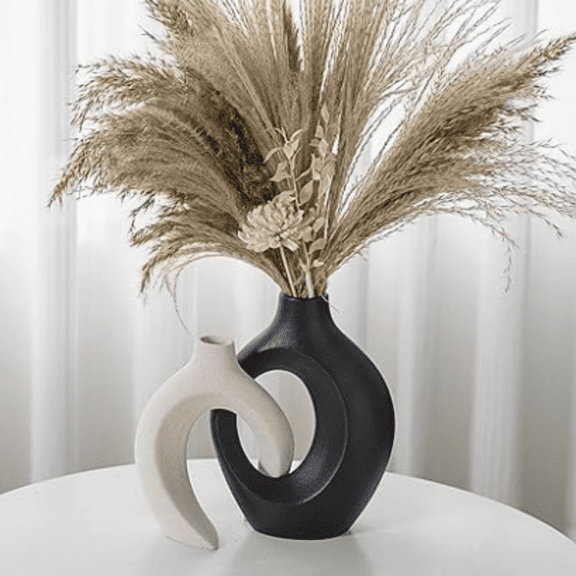 Black and Off-White Vases for Decor, Hollow Ceramic Vase Set of 2, Nordic Minimalist Aesthetic Snuggle Vases, for Table Centerpiece Dining Living Room Book Shelf Decoration (W 6.3" X H 8.4")