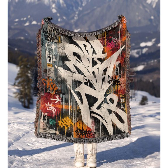 Black, Off-White and Red Graffiti Collage Woven Throw Blanket, 100% Cotton, Urban Street Art Home Decor