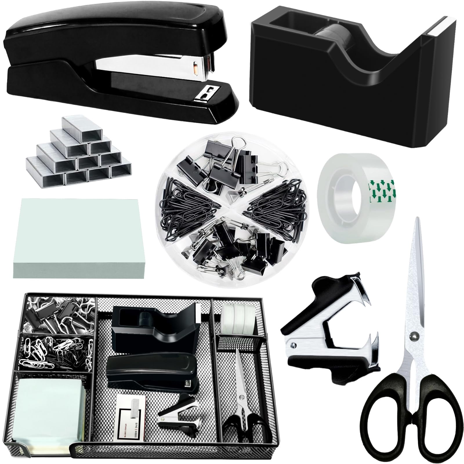 Black Office Desk Accessories  Supplies Set Drawer Organizer Stapler And Tape Dispenser Staple Remover Staples Paper Clips Scissor Sticky Note