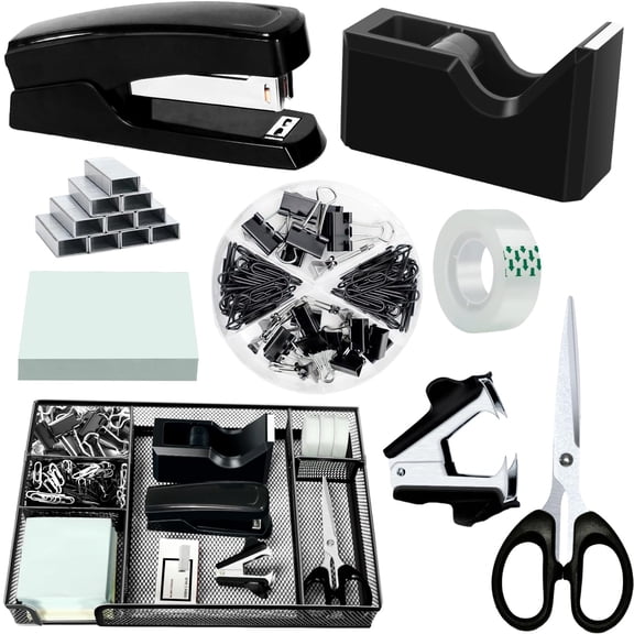 Black Office Desk Accessories Supplies Set Drawer Organizer Stapler And Tape Dispenser Staple Remover Staples Paper Clips Scissor Sticky Note