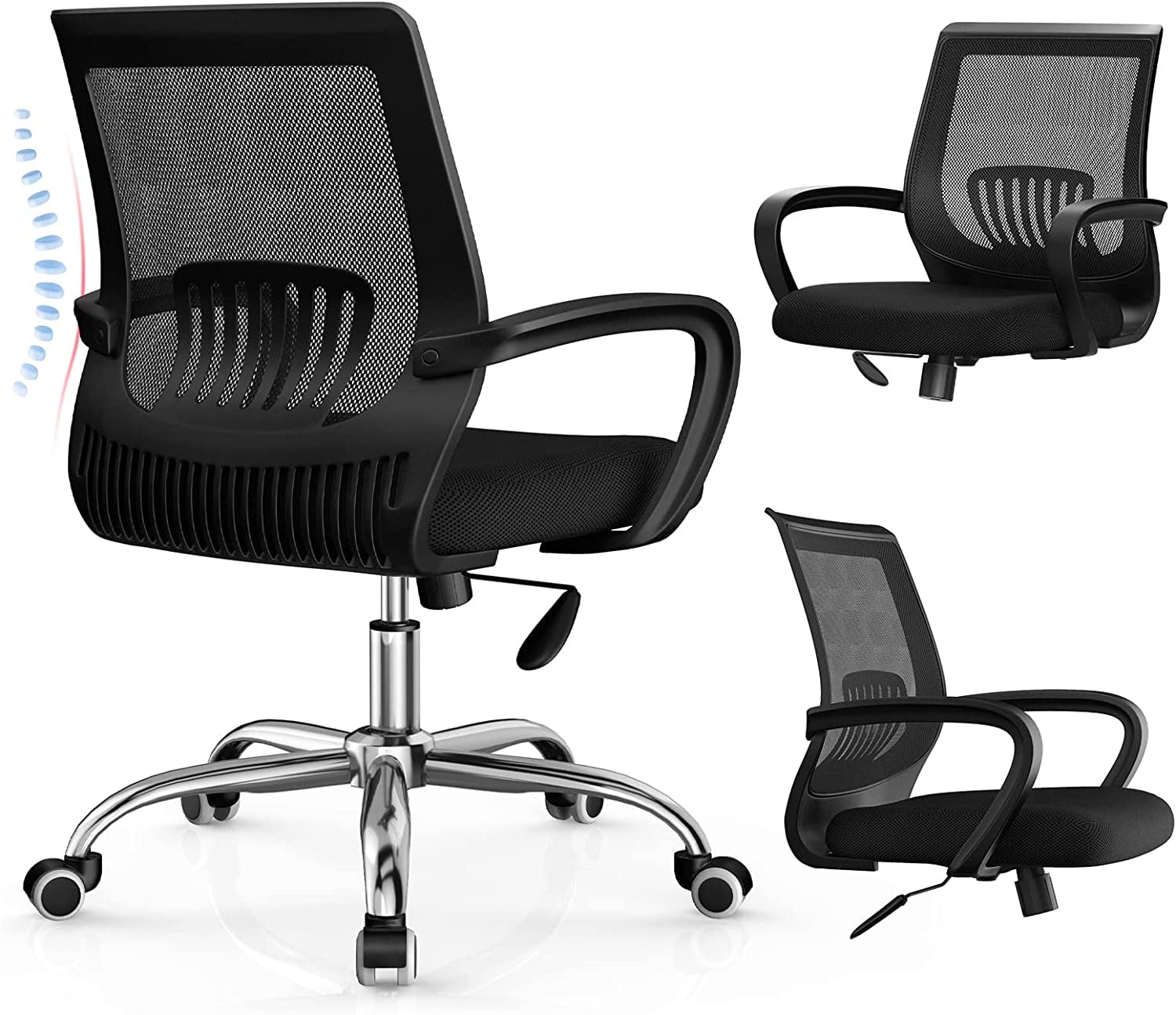 Black Office Desk Chairs with Lumbar Support, armrests Black Mesh