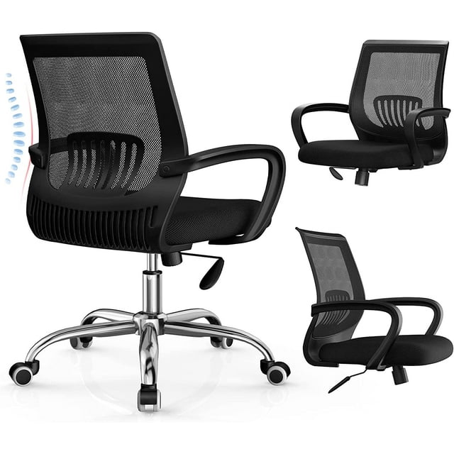 Black Office Desk Chairs with Lumbar Support, armrests Black Mesh