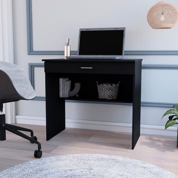 Black Office Desk With Shelf Space - Accommodating Drawer For Efficient Work Computer Enhancing Efficiency