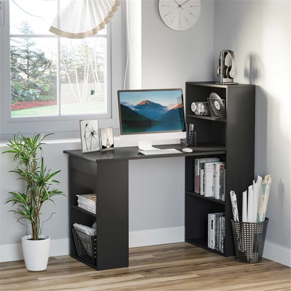 Black Office Desk with 6 Shelves, Engineered Wood, Space Saving Design