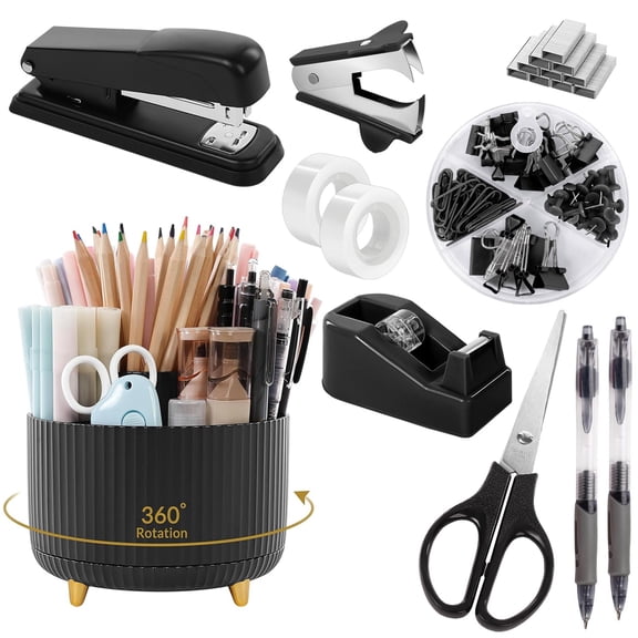 Black Office Supplies Desk Accessories 10pcs Pencil Holder For Stapler Tape Dispenser Ruler Clips And 1000pcs Staples Set