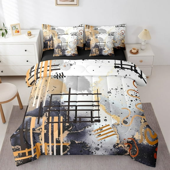 Black Ombre Bed in a Bag 7 Piece King Size Geometry Stripes Bedding Sets Black Golden Marble Print Comforter Set with Sheets Modern Abstract Art Bed Set Graffiti Watercolor Artwork Sheets