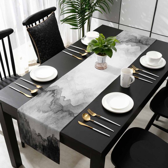 Black Ombre Mountain Cotton Linen Small Table Runner 13 x 48 inch Nature Abstract Art Marble Gradient Non-slip Rectangular Dining Table Decor for Wedding Party Holiday Dinner