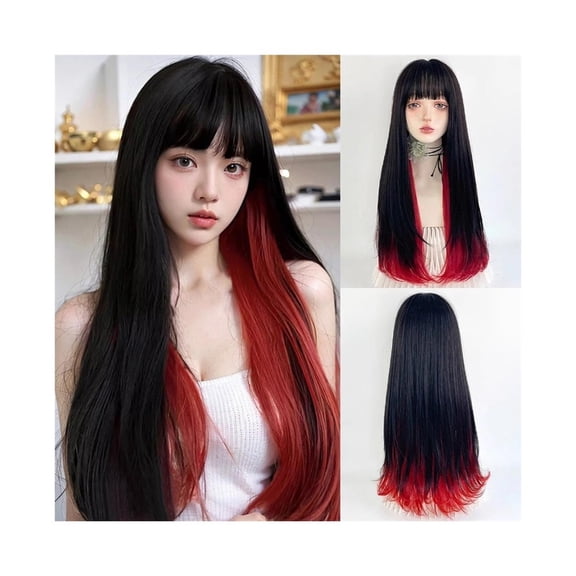 Black Ombre Red Layered Long Straight Synthetic Wig with Bangs Heat Resistant Fluffy Women