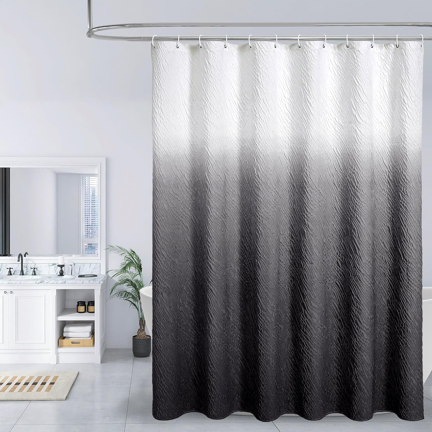 Black Ombre Shower Curtain Set with Hooks, Waves Textured Fabric Shower
