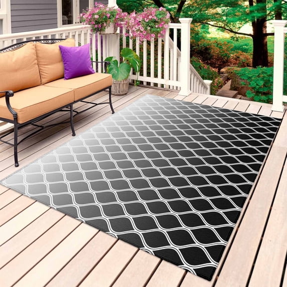 Black Ombre Stripe Outdoor Rug for Patio/Deck/Porch, Non-Slip Large Area Rug 6 x 9 Ft, Modern Abstract Art Gradient Striped Indoor Outdoor Rugs Washable Area Rugs, Camping Rug Carpet Runner