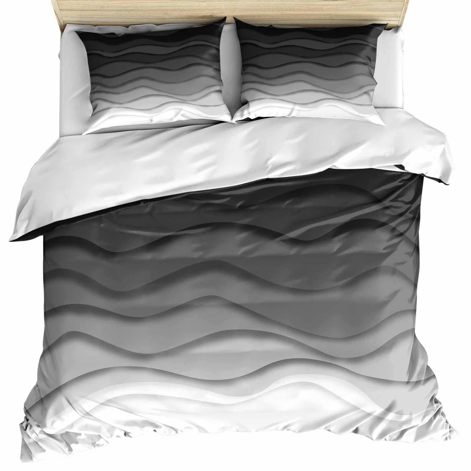 Black Ombre Stripes Bedding 3 Piece Duvet Cover Set Full Size, Modern Abstract Sea Waves Spray Art Soft Microfiber Comforter Cover with Zipper Closure & Pillowcases, FadeResistant Quilt Cover