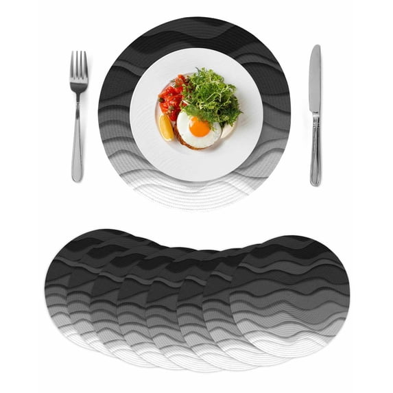 Black Ombre Stripes Round 13 Inch Placemats Set of 8, Modern Abstract Sea Waves Spray Art HeatResistant Non Slip Place Mats for Dining Table, Wipeable Braided Kitchen Table Mats for Housewarming