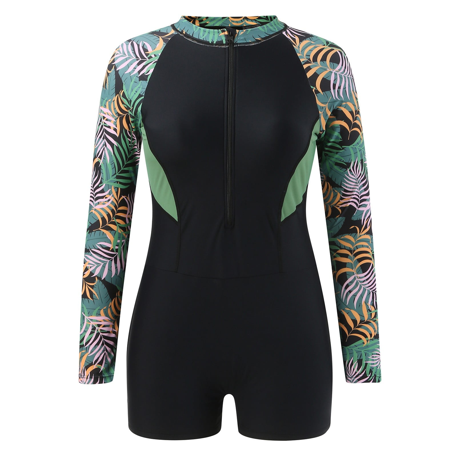 Black One Piece Bathing Suit Women Printed Long Sleeve Swimsuit