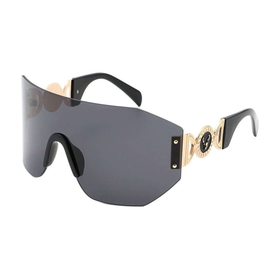 Black One-Piece Sunglasses with Metal Logo Detail, UV400 Protection Polarized Lenses, Trendy Fashion Shades for Women Statement Look