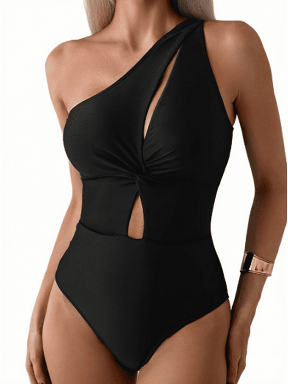 Black One Piece Swimsuit One Shoulder with Twist Cutout