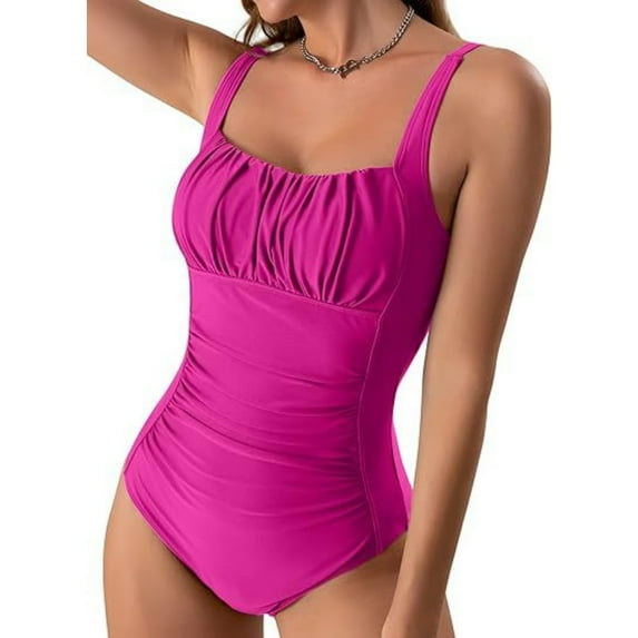 Black One Piece Swimsuit Women Sleeveless Tummy Control High Waist Swimwear Solid Color Tankini Pink Red Green Navy