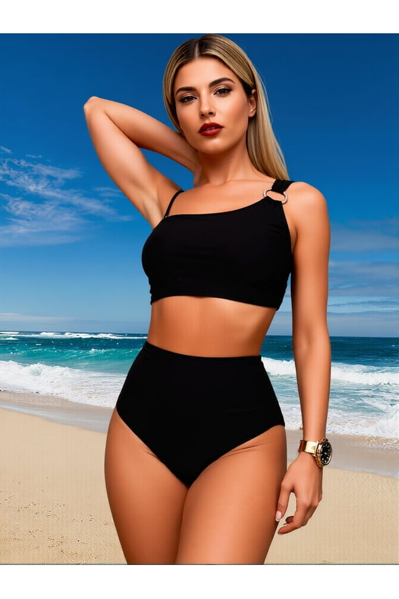 Black One-Shoulder Bikini With O-Ring Detail