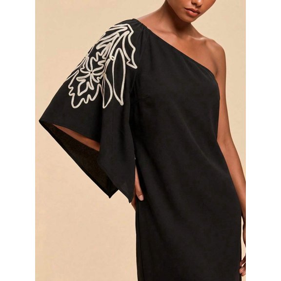 Black One Shoulder Embroidered Floral Dress, Boho Chic Elegant Mini Dress For Summer Parties