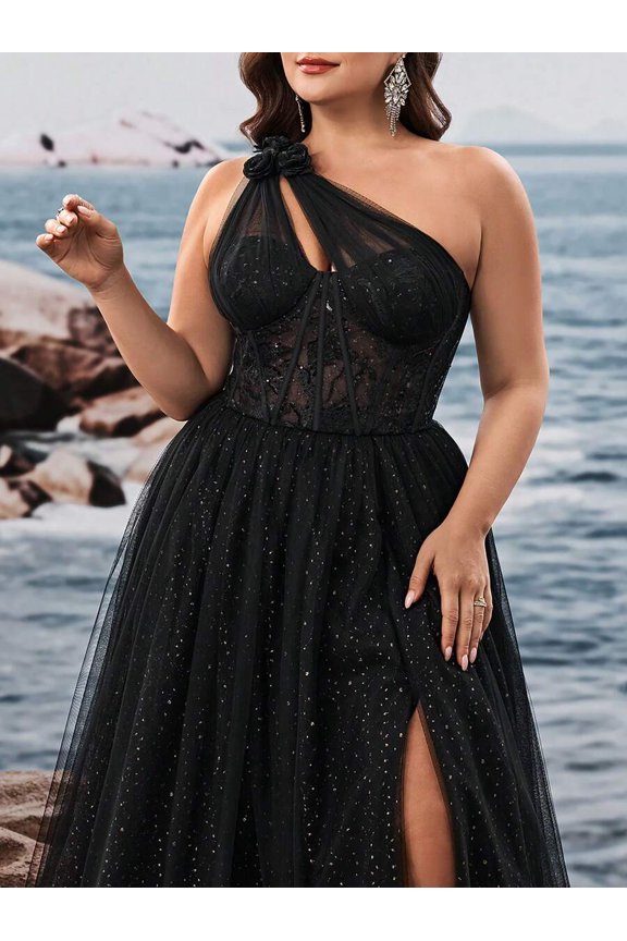 Black One-Shoulder Evening Gown With Floral Appliqué And Sparkly Tulle
