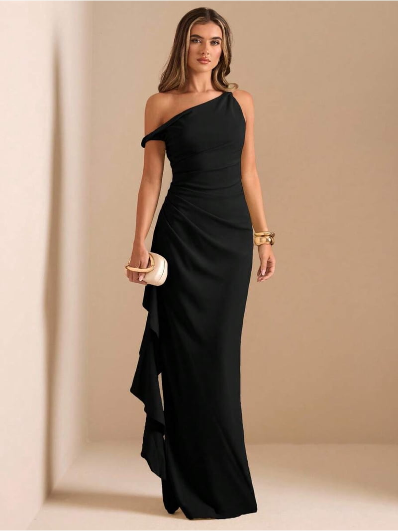one shoulder ruched black dress Sexy Black Midi Dress - One-Shoulder Dress - Ruched Midi Dress