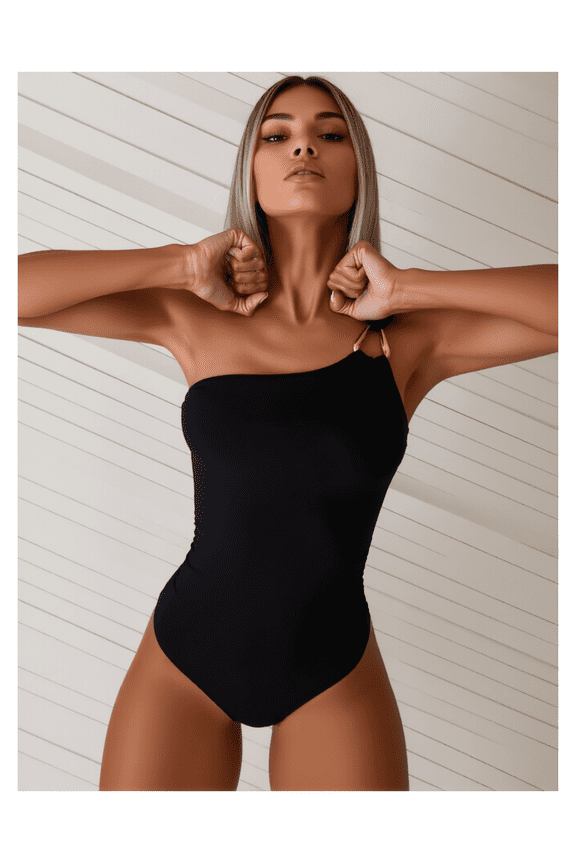 Black One Shoulder Swimsuit - Women's One Piece Bathing Suit with Metallic Trim, Elegant Swimwear for Vacation, Beach, Pool, Flattering Curve Design