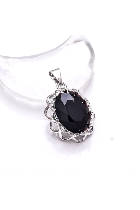 Black Onyx 925 Silver Platinum Plated Pendant 1.00" P7806, Black Onyx Pendant, Gift For Her, Oval Pendant, Black Pendant