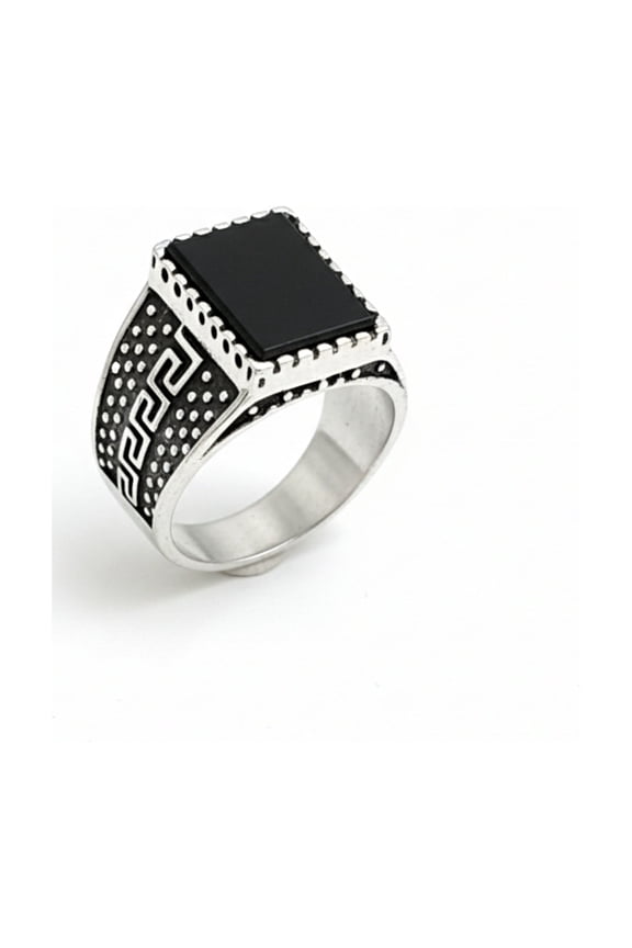Black Onyx 925 Sterling Silver Ring, Greek Key Design Engraved Band, Mens Signet Ring