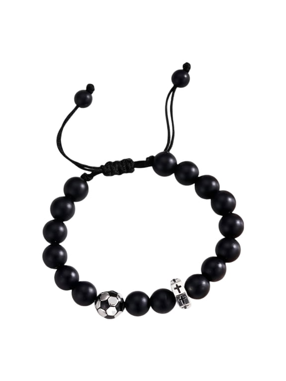 Black Onyx Beaded Bracelet for Men, Matte Stone Beads with Alloy Football Charm, Stainless Steel Cross Bracelet, Adjustable Cord Faith Jewelry Gift for Athletes