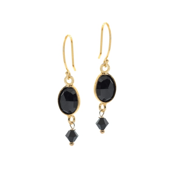 Black Onyx Bezel Set 14K Gold Plated Sterling Earrings With Austrian Faceted Crystal Accents