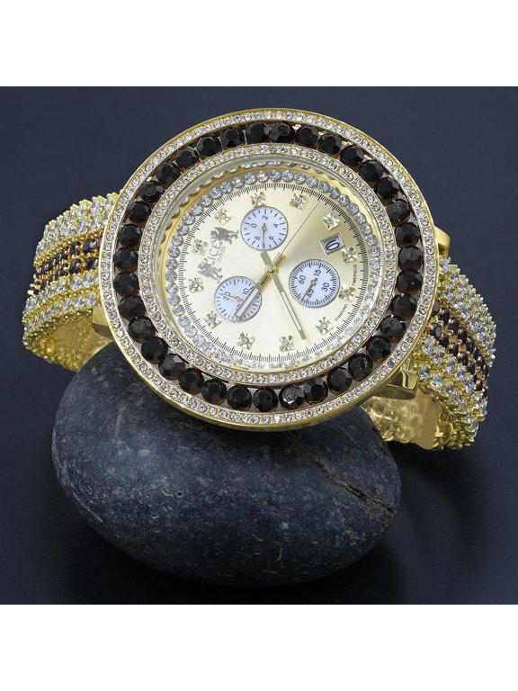 Black Onyx Big Face Dial Simulated Diamond Yellow Gold Finish Mens Jo Rodeo Adjustable Size Band Custom Watch