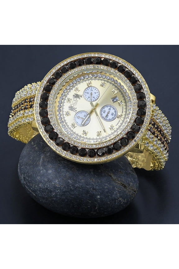 Black Onyx Big Face Dial Simulated Diamond Yellow Gold Finish Mens Jo Rodeo Adjustable Size Band Custom Watch