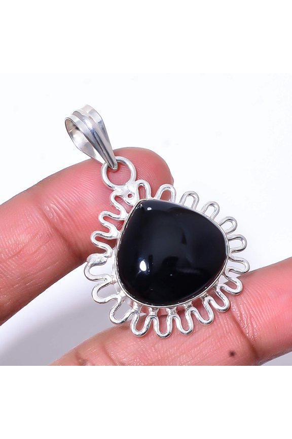 Black Onyx - Brazil Designer Handmade 925 Sterling Silver Pendant 1.64" P47