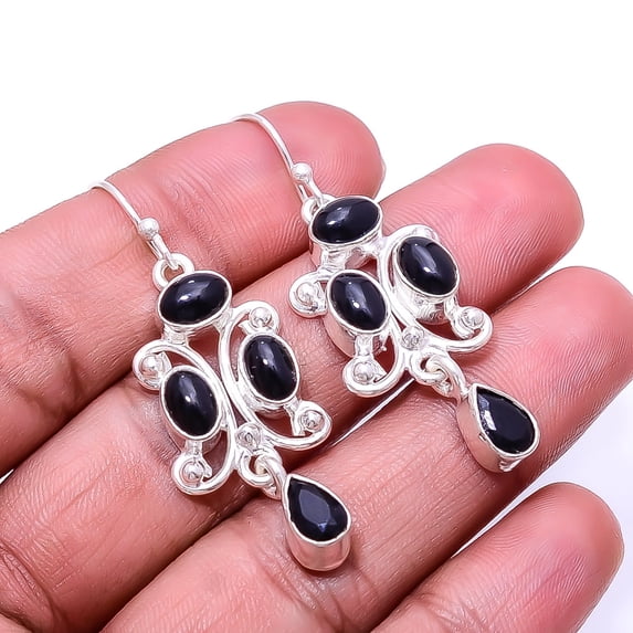 Black Onyx -Brazil Multi Collet 925 Sterling Silver Earring 1.95", Black Black Onyx Earring E_8025_338_26