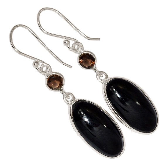 Black Onyx - Brazil & Smoky Quartz 925 Silver Earrings Jewelry ALLE-18215