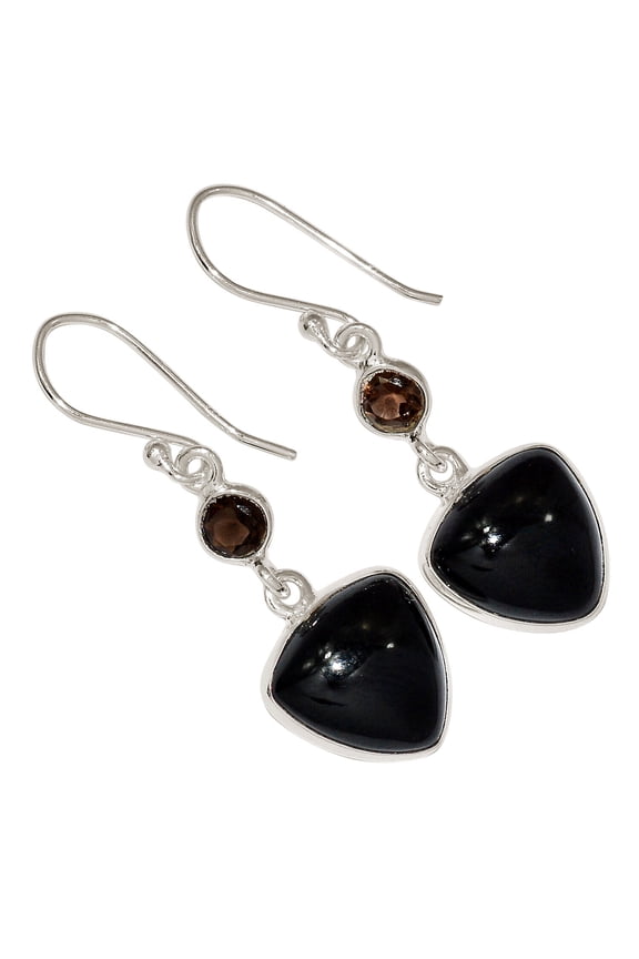 Black Onyx - Brazil & Smoky Quartz 925 Silver Earrings Jewelry ALLE-18217