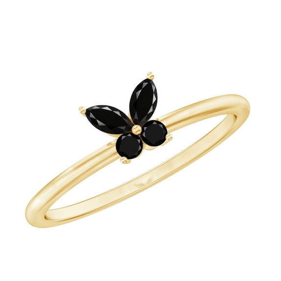Rosec Jewels Natural Black Onyx Promise Ring for Women - Butterfly Ring - AAA Quality - Ready to Gift with Jewelry Box, 18K Yellow Gold, US 3.00