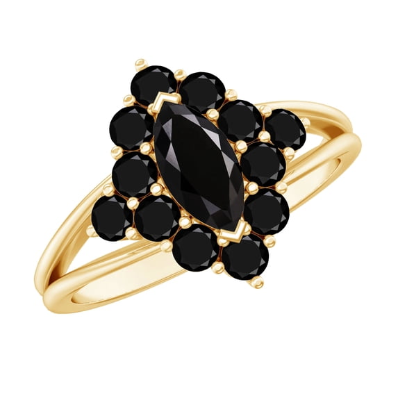 Rosec Jewels Natural Black Onyx Cluster Engagement Ring - Marquise Onyx Ring - AAA Quality - with Jewelry Box, 14K Yellow Gold, US 8.00
