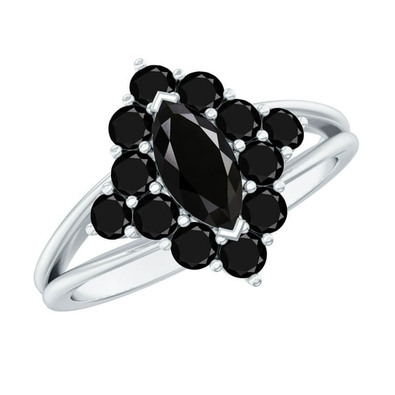 Rosec Jewels Natural Black Onyx Cluster Engagement Ring - Marquise Onyx Ring - AAA Quality - with Jewelry Box, 925 Sterling Silver, US 4.00