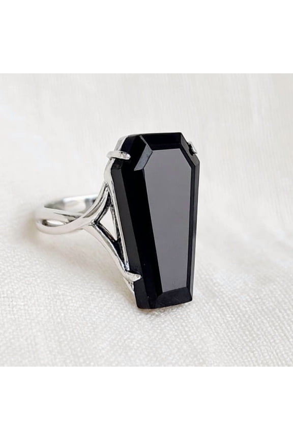 Black Onyx Coffin Cut Gemstone Ring, 925 Solid Sterling Silver, Vampire Ring, Gothic Style Jewelry