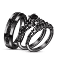 thumbnail image 1 of Black Onyx Couple Trio Ring set in 14k Black Gold vermeil - Gothic Wedding Proposal Ring Set, 1 of 1