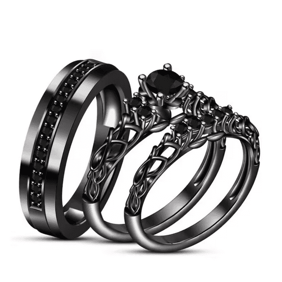 Black Onyx Couple Trio Ring set in 14k Black Gold vermeil - Gothic Wedding Proposal Ring Set