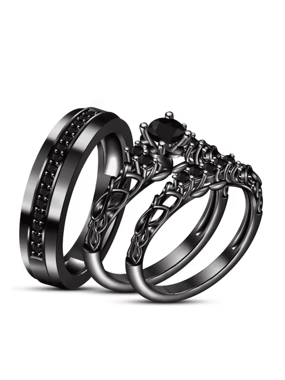 Black Onyx Couple Trio Ring set in 14k Black Gold vermeil - Gothic Wedding Proposal Ring Set