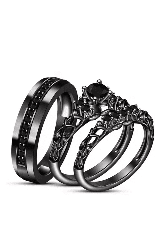 Black Onyx Couple Trio Ring set in 14k Black Gold vermeil - Gothic Wedding Proposal Ring Set