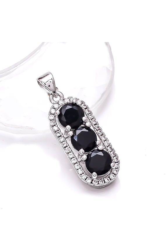 Black Onyx, Cubic Zirconia 925 Silver Platinum Plated Pendant 1.10" P79320, Black Onyx Pendant, Gift For Her, Round Pendant, Black Pendant